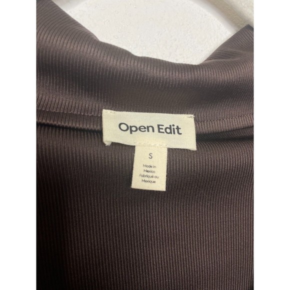 Open Edit Small Surplice Neck Ribbed Faux Wrap Crop Top Brown Long Sleeve - Picture 6 of 9